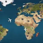 Mapa světa s ikonami letadel a symboly na různých místech kontinentů