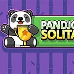 Panda držící zlatý pohár vedle nápisu PANDJONG SOLITAIRE na fialovém pozadí s bambusovým motivem