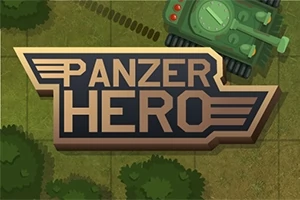 Nápis PANZER HERO s ilustrací zeleného tanku na pozadí s trávou a stromy