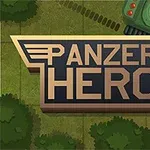 Nápis PANZER HERO s ilustrací zeleného tanku na pozadí s trávou a stromy