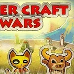 Nápis Paper Craft Wars nad krajinou s papírově stylizovanými postavami psa, kočky a býka před horami a věžemi