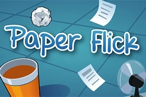 Název Paper Flick na modrém pozadí s létajícími papíry, zmuchlaným papírem, plastovým kelímkem a ventilátorem