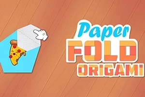 Nápis Paper Fold Origami vedle obrázku ruky skládající trojúhelník papíru s motivem pizzy