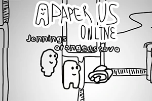 Černobílý kreslený obrázek s roztomilými postavičkami a nápisy PAPER US ONLINE a jmény Jennings, orangeustavo