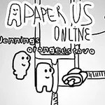 Černobílý kreslený obrázek s roztomilými postavičkami a nápisy PAPER US ONLINE a jmény Jennings, orangeustavo