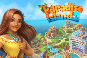 Paradise Island 2 Usměvavá žena v pestrobarevném tropickém prostředí s výhledem na ostrov plný budov a atrakcí