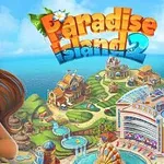 Paradise Island 2 Usměvavá žena v pestrobarevném tropickém prostředí s výhledem na ostrov plný budov a atrakcí
