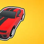 Červené auto s černými pruhy na žlutém pozadí