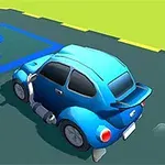 Modré kreslené autíčko zaparkované na parkovišti označeném modrým písmenem P