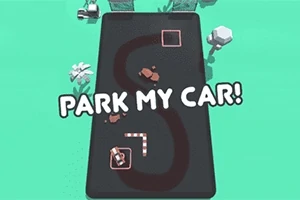 Minimalistická grafika s hnědými auty na černé silnici ve tvaru písmene S s nápisem Park My Car a zeleným pozadím