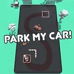 Minimalistická grafika s hnědými auty na černé silnici ve tvaru písmene S s nápisem Park My Car a zeleným pozadím