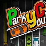 Barevná grafika s nápisem a ilustrovaným parkovištěm plným aut
