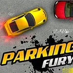 Žluté auto se zatáčejícími zadními světly vedle zaparkovaných červených a černých aut na asfaltu s nápisem PARKING FURY 2