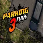 Náhled shora na parkovací místo se dvěma auty, jedno zaparkované a druhé s rozsvícenými světly, a textem Parking Fury 3