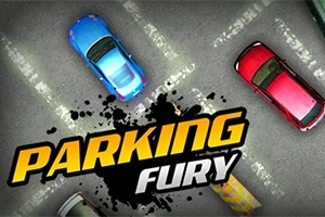 Modrá a červená auta zaparkovaná na asfaltovém parkovišti, uprostřed nápis PARKING FURY