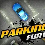 Modrá a červená auta zaparkovaná na asfaltovém parkovišti, uprostřed nápis PARKING FURY