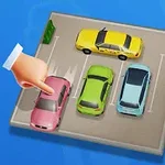Různobarevná auta zaparkovaná na parkovišti s ukazujícím prstem na růžové auto
