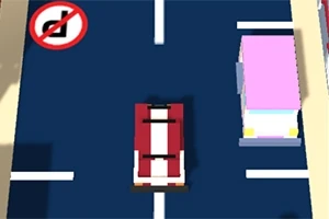 Červené auto s bílými pruhy na modré silnici vedle vozidla s růžovou střechou a značkou zákaz otáčení