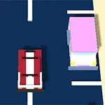 Červené auto s bílými pruhy na modré silnici vedle vozidla s růžovou střechou a značkou zákaz otáčení