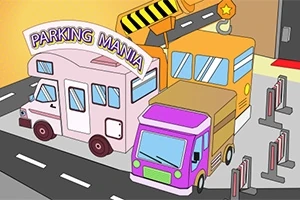 Barevná ilustrace ukazuje tři vozidla zaparkovaná vedle sebe na parkovišti s nápisem Parking Mania nad nimi