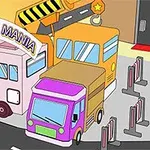 Barevná ilustrace ukazuje tři vozidla zaparkovaná vedle sebe na parkovišti s nápisem Parking Mania nad nimi