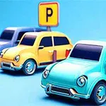 Tři kreslená autíčka zaparkovaná u parkovacích cedulí na modrém pozadí
