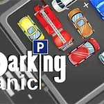 Několik aut zaparkovaných na parkovišti s nápisem „Parking Panic“ uprostřed