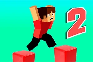 Postava ve stylu pixel artu skáče mezi červenými bloky na zelenomodrém pozadí s číslem 2
