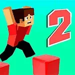 Postava ve stylu pixel artu skáče mezi červenými bloky na zelenomodrém pozadí s číslem 2