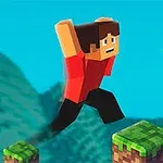 Postava s blokovým designem skáče mezi trávnatými bloky na pozadí modré oblohy, s výraznou červenou číslicí 4 v pravém horním rohu