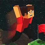 Postava s blokovým vzhledem v červeném tričku skáče ve vesmírném prostředí směrem k červené vlajce, s číslem šest v pravém horním rohu