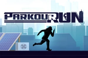 Silueta běžce na střeše s nápisem Parkour Run na pozadí moderního města