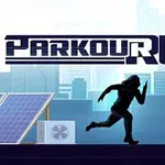 Silueta běžce na střeše s nápisem Parkour Run na pozadí moderního města