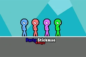 Čtyři barevní panáčci (modrý, červený, fialový, zelený) stojí v řadě na šedé ploše s nápisem Party Stickman 4 Player na barevném pozadí