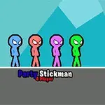 Čtyři barevní panáčci (modrý, červený, fialový, zelený) stojí v řadě na šedé ploše s nápisem Party Stickman 4 Player na barevném pozadí