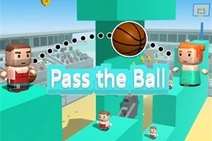 Barevní postavičky ve voxelovém stylu přehazují basketbalový míč nad textem Pass the Ball
