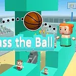 Barevní postavičky ve voxelovém stylu přehazují basketbalový míč nad textem Pass the Ball
