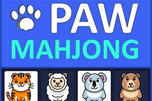 Barevný a jednoduchý design s názvem PAW MAHJONG nahoře a obrázky kreslených zvířat jako tygr, ovce, koala a medvěd dole