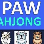 Barevný a jednoduchý design s názvem PAW MAHJONG nahoře a obrázky kreslených zvířat jako tygr, ovce, koala a medvěd dole