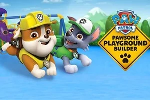 Dva psi v oblecích hrající si na hřišti s logem a nápisem Pawsome Playground Builder na modrém pozadí
