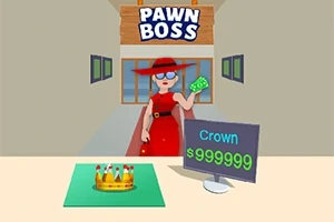 Žena v červených šatech a klobouku drží bankovky před obchodem s názvem PAWN BOSS, kde je na stole zlatá koruna s cenovkou $999999