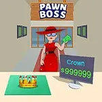 Žena v červených šatech a klobouku drží bankovky před obchodem s názvem PAWN BOSS, kde je na stole zlatá koruna s cenovkou $999999