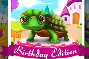 Zelená kreslená želva stojí na růžovém podstavci s nápisem Birthday Edition v pozadí s pohádkovými domečky