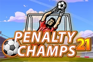 Brankář v červeném dresu chytající fotbalový míč před bránou s nápisem „Penalty Champs 21“ v popředí