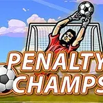 Brankář v červeném dresu chytající fotbalový míč před bránou s nápisem „Penalty Champs 21“ v popředí