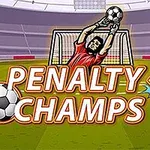Brankář ve fotbalovém dresu chytající míč před brankou, s nápisem „Penalty Champs 22“ v popředí