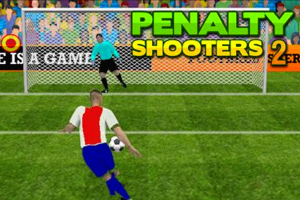 Fotbalista v červeno-bílém dresu střílí penaltu proti brankáři v bráně na zeleném hřišti