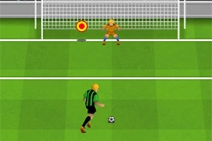 Fotbalista v zeleno-černém dresu připravující se k penaltovému kopu proti brankáři ve žlutém dresu na trávníkovém hřišti