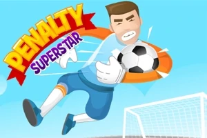 Brankář ve skoku chytající fotbalový míč před brankou na modré obloze s nápisem PENALTY SUPERSTAR