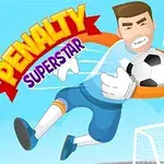 Brankář ve skoku chytající fotbalový míč před brankou na modré obloze s nápisem PENALTY SUPERSTAR